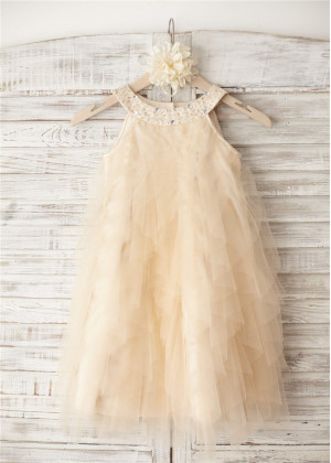 Boho Beach Champagne Tulle Knee Length Flower Girl Dress 